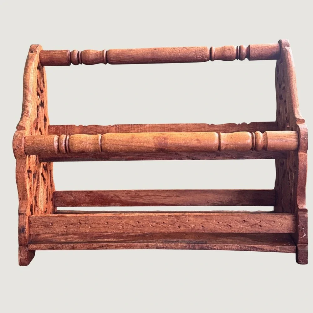 Vintage Carved Wood Magazine Display Rack Floral Leaf Boho